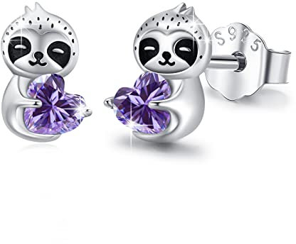 Faultier Ohrstecker Mädchen 925 Sterling Silber Faultier Ohrringe mit Dunkellila Herz Zirkonia Ohrringe Tier Ohrstecker Schmuck Faultier Geschenke für Mädchen Frauen Kinder Tochter Freundin Weihnachts