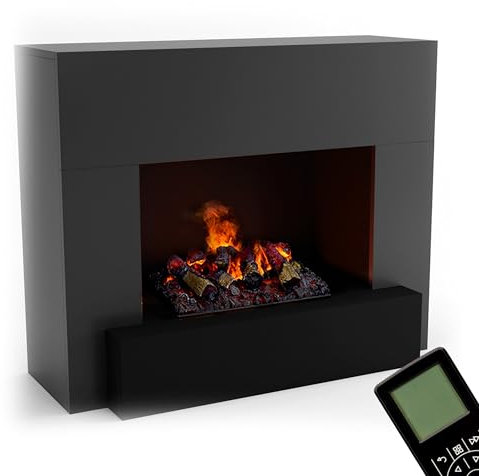 GLOW FIRE Wasserdampf Kamin HAUPTMANN (Standkamin) - Elektrokamin mit realistischen LED 3D-Flammen, Knistereffekt & Fernbedienung, 110x90x45 cm - Opti-Myst 500 Elektro Kamin mit Holz-Deko, Grau