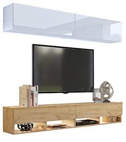 BROMARKT Premium Wohnwand Wohnzimmer Set 4 Teile - Wohnzimmer Schrank - Wohnzimmer Möbel mit Wandschrank - Wohnwand Modern - Wohnzimmerschrank Komplett Möbel - Hochglanz Weiß und Eiche Craft