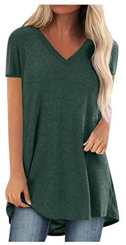 Komiseup Tshirt Damen Oversize Kurzarm Locker Sommer Longshirt Oberteile Sommer Tee Shirt Tunika Casual Shirt Lässig Basic Longbluse mit Tasche Einfarbig Sweatshirt Sommershirts Für Frauen