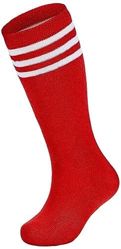 Zando Unisex Stutzen Kinder Fußball, 1 Paar Baumwolle Fussball Socken Kinder, Sportsocken für Jungen und Mädchen 3-6 Jahre, Fußballsocken Kinder Kniestrümpfe, Rot Weißer, 3-6 Jahre