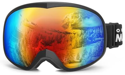 OutdoorMaster Owl Schnee Ski Goggles für Kinder OTG,100% UV-Schutz, Anti-Nebel Snowboard Goggles über Gläser (schwarzer Rahmen+VLT 15% Revo bunt)