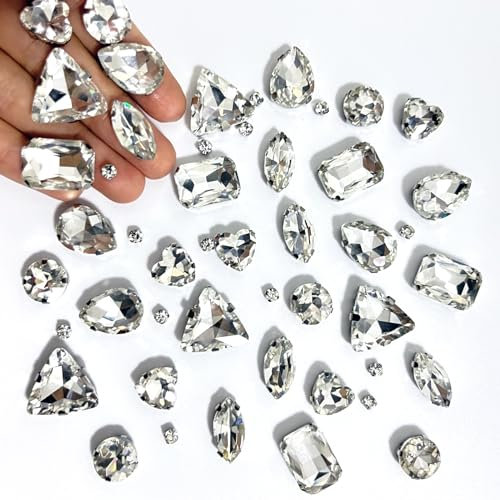 Yixinly 236 Stück Strasssteine zum Aufnähen, Glas-Strasssteine in Gemischten Formen, Metall Krappenfassung Glas Nähen Edelsteinefür DIY-Bastelkleidung, Kleidungs, Schuhe, Taschen (Weiß Stil 2)