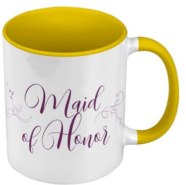 Tasse, farbig, Premium-Qualität, Gelb – Maid Of Honor Wedding Engaged Calligraphy – Tasse mit Henkel und farbigem Innenfutter