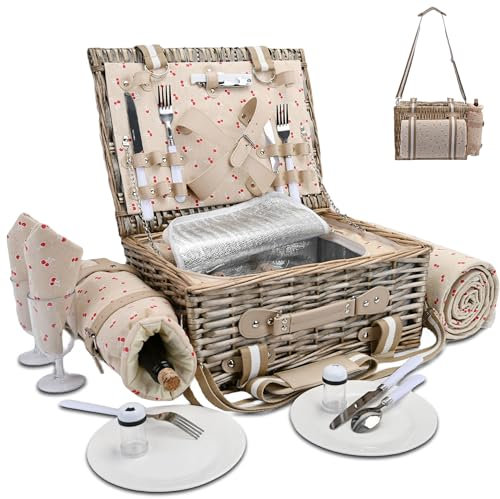 31-teiliges Picknickkorb-Set für 4 Personen mit isoliertem Futter und wasserdichter Decke, Weinbeutel, großer Weidenkorb für Camping, Outdoor, Valentinstag, Weihnachten für Paare, Kirschrot