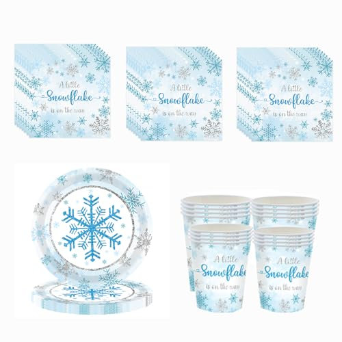 Christmas Party Blue Snowflake Tableware Set Decorations,20 Paper Napkins 16 Paper Cups 16 Paper Plates,Disposable Paper Dinnerware Xmas Decor for Him,Her,Adults Party,Kids Xmas Party Favor Tableware