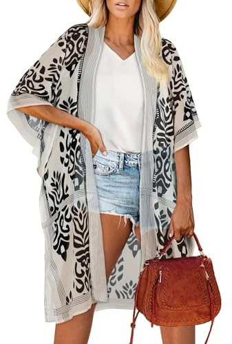 Swim Cover Up for Women Bikini Swimsuit Kimono Cardigan (0Black White,XL)