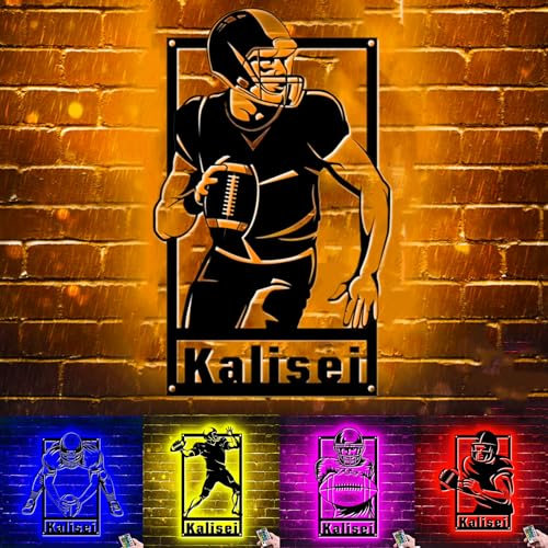 Targa in metallo personalizzata con giocatore di football americano con luci a LED da rugby, 16 colori, lampada RGB per camera da letto, sala sportiva, decorazione da parete, regalo per uomini e