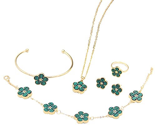 QKEPCY Vierblättriges Kleeblatt Schmuckset für Damen und Mädchen Gold Plattiert Blumen Anhänger Halskette Ohrstecker Armband Ringe Emaille Schmuck Set Geschenke mit 5 Stück (Grün)