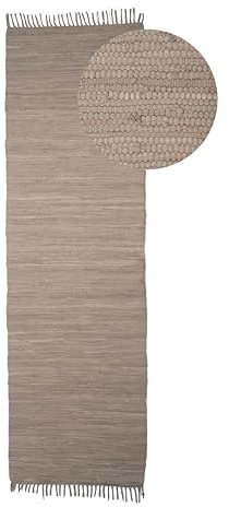 carpetfine Flickenteppich Kelim Chindi Uni Läufer Taupe 60x180 cm, handgewebt | Fleckerlteppich aus Baumwolle für Wohnzimmermit Fransen