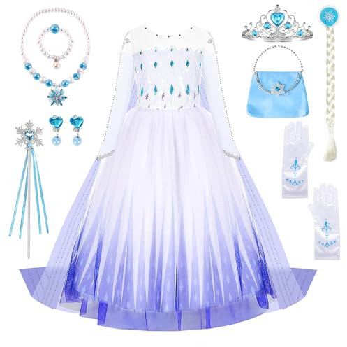 YYDSXK Robe Princesse Fille, Robe Reine des Neiges 2 avec Couronne et Perruque Accessoires, Déguisement Princesse Fille pour Fête, Anniversaire, Halloween, Carnaval, Cosplay