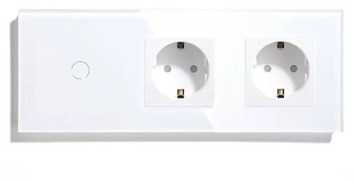 PULSAR Touch Schalter mit Steckdosen 3 Fach Glas Weiß, Touch Lichtschalter 110V - 240V mit LED Beleuchtung, Schuko Steckdose Unterputz x2 230V 16 A/Nicht Smart Schalter