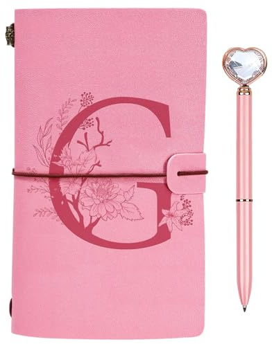 Initialen PU Leder Notizbuch mit Stift, Rosa Nachfüllbar Tagebuch für Frauen Mädchen, Reisetagebuch Skizzenbuch Notebook Geschenk für Freundin Schwestern Lehrer Abschluss Geburtstag Weihnachten G