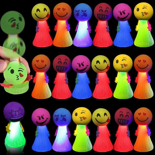 18 Stück LED Feder Leucht Springendes Spielzeug,Jumping Spielzeug,Spring Launchers Toys,Springbälle Hüpfball,LED Leuchtspielzeug Kinder,Kindergeburtstag Mitgebsel Set,Emoticons Puppen für Kinder