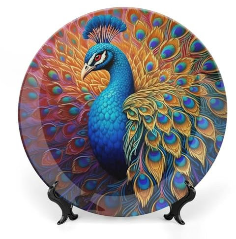Pfau Keramik Deko Teller, Pfau Dekorative Schale mit Ständer, Schöne Vogel Knochen China Dekorative Teller Kunst Porzellan Teller für Wohnzimmer Flur Tischdekoration