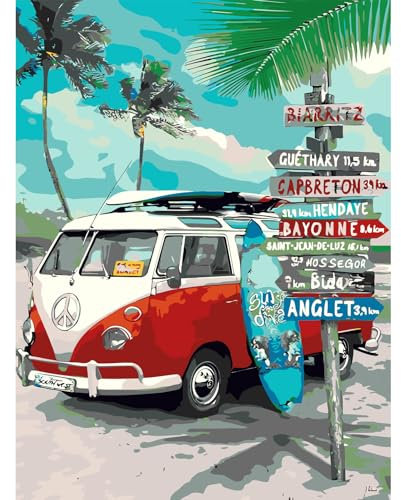 feelive Peinture par Numéro pour Adulte, Plage Voiture Indicateur Kit de Peinture à l'huile sur Toile Bricolage pour Enfant Débutants Avec Pinceau Pigment Acrylique 30x40cm