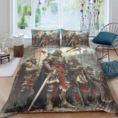 3D-Kinderbettwäsche-Set Medieval Warrior Bettwäsche-Set Mit Bettbezug Für Jungen, Mädchen, Teenager, Bettdeckenbezug-Set, Weicher Mikrofaser-Tagesdeckenbezug, Schlafzimmer-Bettbezug, 3-teilig King(220
