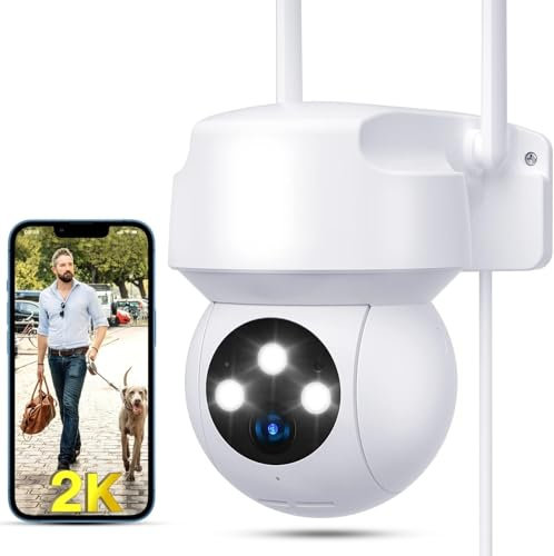 360° Auto Track Security Camera Outdoor, 2K Quad HD Wired WiFi CCTV 24/7 Recording, Colorful Night Vision, Motion Detection, 2 Way Audio, IP66, Siren, Floodlight, Work with Alexa