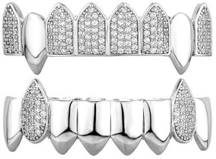 Generic Hip Hop Cosplay Zahnspangen Grillz Halloween Street Rap Fangs Zirkonia Gold überzogen Iced Out Vampir Zähne mit zusätzlichen Leisten,Silber