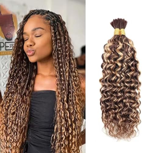 DaiMer Water Wave Bulk Human Hair for Boho Braids Human Braiding Hair No Weft Brazilian Water Wave Bulk Highlight Brown Human Hair Extension for Boho Braids P4/27#, 24inch 2 Bundles 100g (1Pack-2PCS)