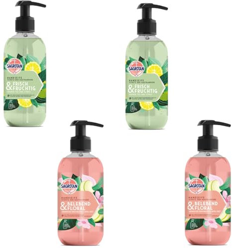 Sagrotan Handseife Mix-Pack - 2 x 300 ml Frisch und Fruchtig & 2 x 300 ml Belebend und Floral – Feuchtigkeitsspendende Flüssigseife
