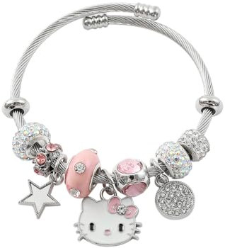 TOEECY Armband für Mädchen Hello Kitty Katzen Liebe Bettelarmband Verstellbares Charm Armbänder Cartoon Anime Freundschaft Armband Schmuck Geschenk für Damen Frauen Kinder(Rosa C)