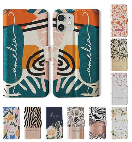 Tirita Personalised Wallet Phone Case for iPhone 12 Mini With Card Holder – Leather Flip Case or Cover With Custom Name – Cute Personalised Gift for Women [09. Abstract Tropical Art]