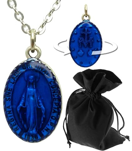 Lunexus Marienanhänger - Silber/Blau, Anhänger 3 cm, Kette 60 cm | Edelstahl, nickelfrei - 60 cm Kette - für Taufe, Kommunion, Firmung - mit Samtbeutel und Gravur - gesegnet