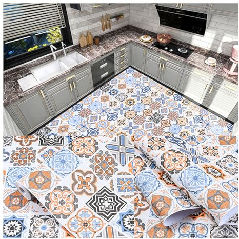 Peel and Stick Moroccan Pattern PVC Vinyl Flooring Roll Non Slip Floor Covering for Bathroom Kitchen Living Room 60cm x 5 Meters