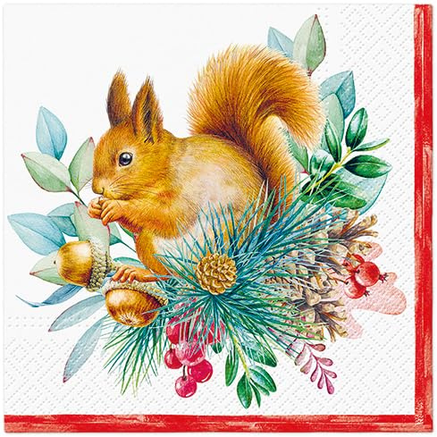 20 Servietten Herbst Eichhörnchen im Weihnachtsgesteck als Tischdeko. Papierservietten mit Motiv. Auch für Decoupage und Serviettentechnik 33x33cm