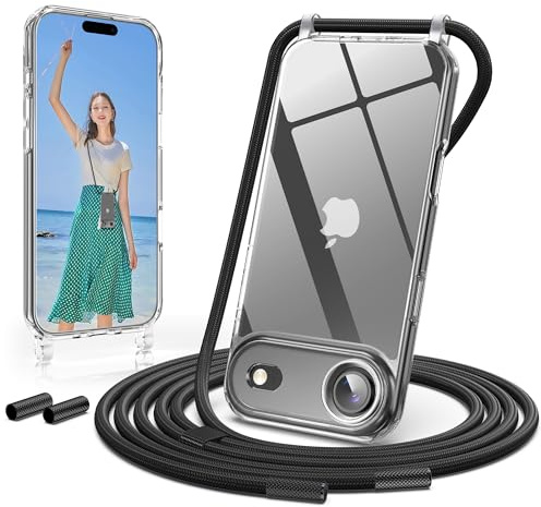 GOODVISH Handykette für iPhone Air Hülle mit Band, Kameraschutz und Bildschirmschutz, Necklace Handyhülle mit Schnur Schutzhülle für zum Umhängen Transparent Case mit Kordel 6.5, Schwarz
