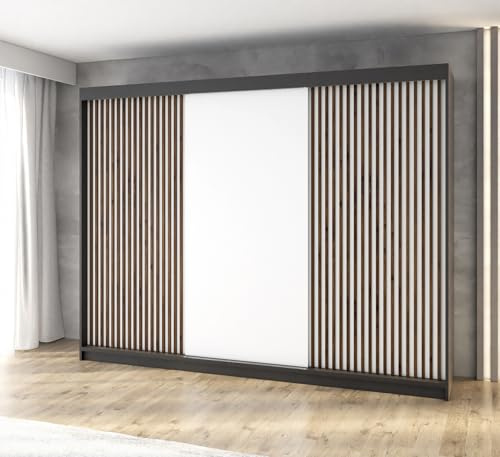 A&J MöbelLand Schwebetürenschrank IOSA Kleiderschrank 3-türig mit 4 Schubladen & 3D Lamellen, Garderobe 200 cm (Schwarz/Weiß/Weiß/Weiß)