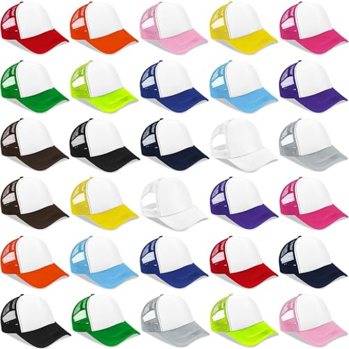 30 Stück Kinder Baseballkappen Set für Sublimation - 15 Farben Blanko Trucker Caps für Jungen & Mädchen - DIY Mesh-Sonnenmützen verstellbar (54-56cm) -Großpackung für Schule, Sommercamp & Basteln