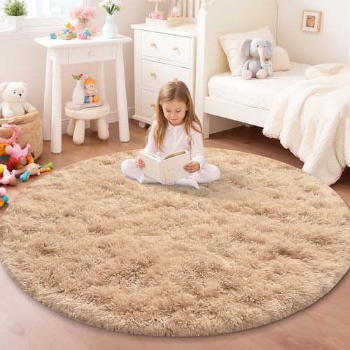 JOYARR Rundteppich für Kinderzimmer Schlafzimmer Wohnzimmer Spielzimmer, Flauschig Waschbar rutschfest Moderner Teppich, Beige, 100 cm