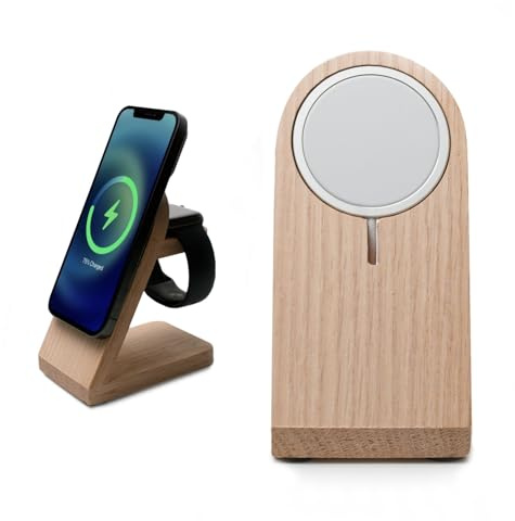 BE STIL Handyhalter aus Eiche, Handy Ständer iPhone 17/16/15/14/13/12/ Pro Max Holz, Watch 11/10/9/8/7/6/5 Ultra 2 3 Pods, Halterung für Schreibtisch, Phone Stand Tisch