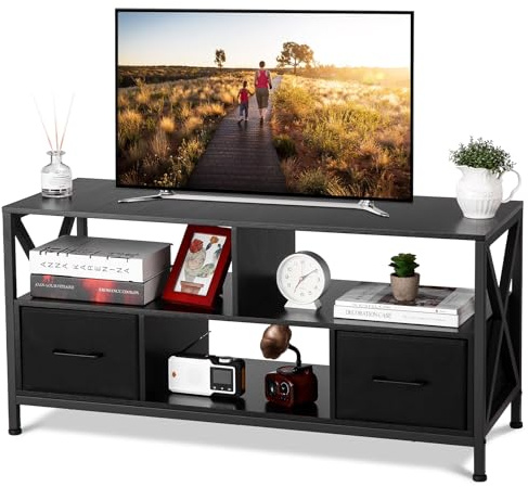 Crevyteg Grand Rangement Polyvalent - Commode avec 2 tiroirs en Tissu et étagère Ouverte - Meuble TV pour téléviseur jusqu'à 50'' - Idéal Salon, Chambre, Couloir, Bureau - Finition Chêne Foncé