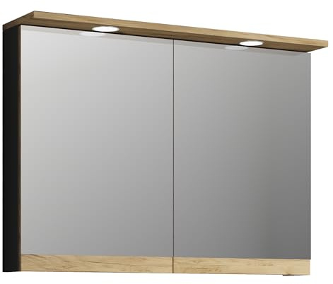 VCM Badspiegelschrank mit Beleuchtung und Steckdose – Spiegelschrank Bad mit 2 Türen und 2 Fächern – Badezimmerschrank hängend – H. 59 x B. 80 x T. 23 cm, Cosila