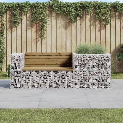 kithwjll Gartenbank mit Gabione aus imprägniertem Kiefernholz, wetterfest, 192 x 71 x 65,5 cm, verzinkter Stahl, kompakt für Balkon, Terrasse, Outdoor Sitzbank, robuste Bank Garten
