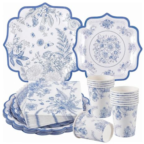 100Pcs Vintage Blue Party Plates Set, 9 and 7 Blue & White Porcelain-Style Paper Plates Napkins, Cups Serves 25 Guests, Disposable Tableware for Afternoon Tea, Birthdays, Bridal Showers, Weddings