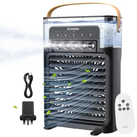 RZHWBD Portable Air Cooler, 700ml Desk Mist Fan with Remote Control, Black | USB-powered, no battery, UK plug included, with 5-nozzle mist, 3 speeds, natural wind, 1–3h timer and 7-colour light.