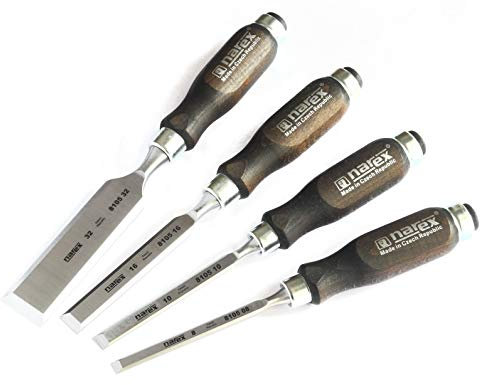 Narex - Set di 4 scalpelli con impugnatura scura (8, 10, 16, 32 mm) in acciaio al cromo manganese con lame forgiate e affilate, manici in legno verniciato e cerato