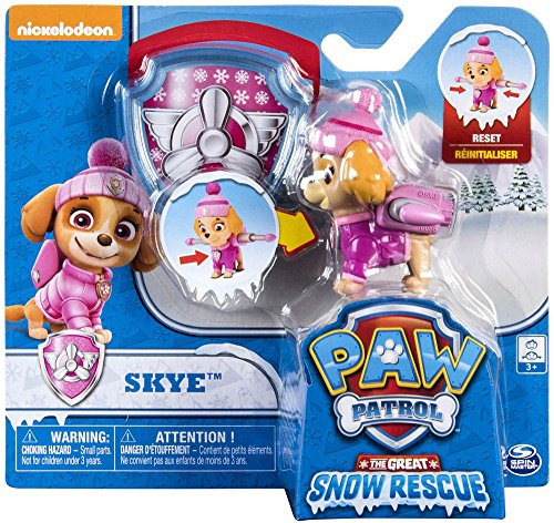 Paw Patrol Snow Rescue - Skye mit verwandelbarem Welpe Pack und Abzeichen