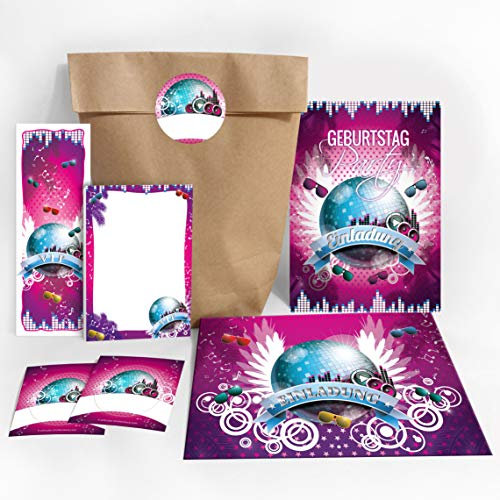 JuNa-Experten 12 Einladungskarten Geburtstag VIP/Kindergeburtstag/Disco-Kugel/Disco-Party incl. 12 Umschläge, 12 Tüten/natur, 12 Aufkleber, 12 Lesezeichen, 12 Blöcke