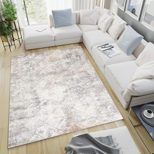 TAPISO Valley Teppich Kurzflor Hellgrau Grau Beige Quadrate Design Used Effekt Meliert Verwischt Wohnzimmer Schlafzimmer ÖKO-TEX 300 x 400 cm
