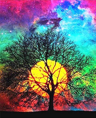 Abillyn Kreuzstich Stickpackungen Vorgedruckt, Lebensbaum und Mond Bunter Himmel Bilder Stickerei Set (Baum)