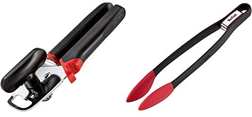 Tefal K2070514 Ingenio Ouvre-Boîte de conserve ustensile de cuisine noir et rouge & Ingenio Pince à Aliments en silicone avec fermoir résistant jusqu'à 250°C ustensile noir et rouge de cuisine
