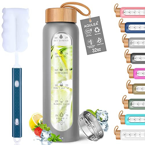 Aqulea Bouteilles d'eau en verre de 946 ml avec manchon en silicone – Sans BPA – Réutilisables – Bouteille d'eau motivante en verre borosilicate avec infuseur à fruits – Bouteille d'eau anti-fuite