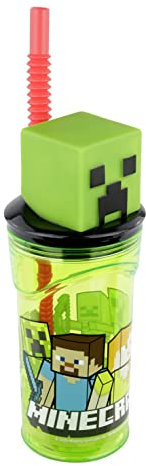 POS Minecraft 33198 Gobelet en plastique pour enfant avec paille et couvercle Transparent 360 ml