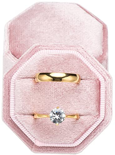 Premium Velvet Ring Bearer Box for Proposal Engagement Wedding Ceremony - Equilateral Octagon Vintage Double Ring Display Holder with Detachable Lid (Pink)