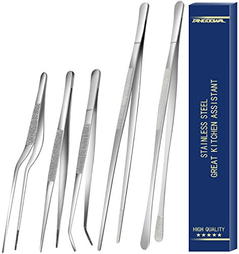 5 Pcs Kitchen Fine Tweezers Tongs, Stainless Steel Food Tongs Set, Professional Kitchen Long Tongs for Cooking,Repairing,Sea food,BBQ,Multi-use(12and 6.3)